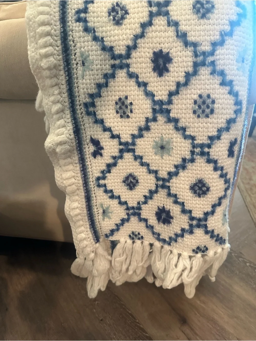 Handmade Cream and Blue Crochet Throw Blanket
